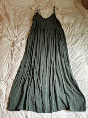 Women’s Olive Green Maxi Slip Dress - Elegant Spaghetti Strap
